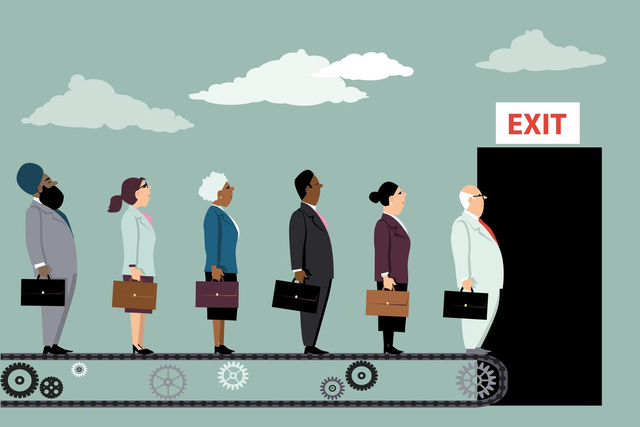workers on a conveyor belt heading for the exit, layoffs